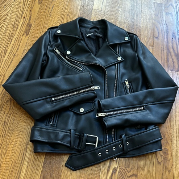 Zara vegan leather black belted biker jacket sz. XS - Picture 16 of 16